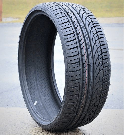 Close-up of a FULLWAY high-performance tire showcasing detailed tread pattern and sidewall specifications