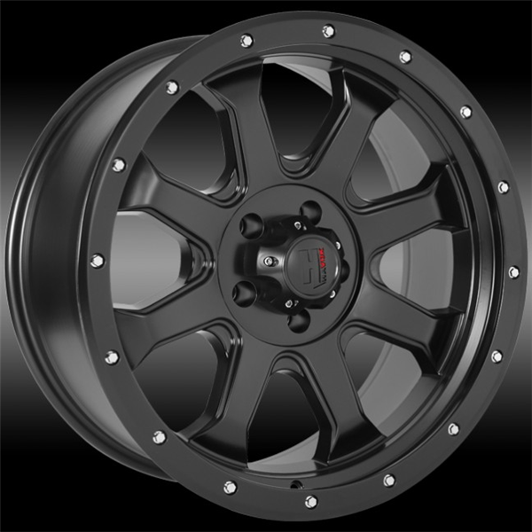 Rugged black alloy wheel with bold eight-spoke design, ideal for off-road vehicle upgrades from Tires On Wheel.