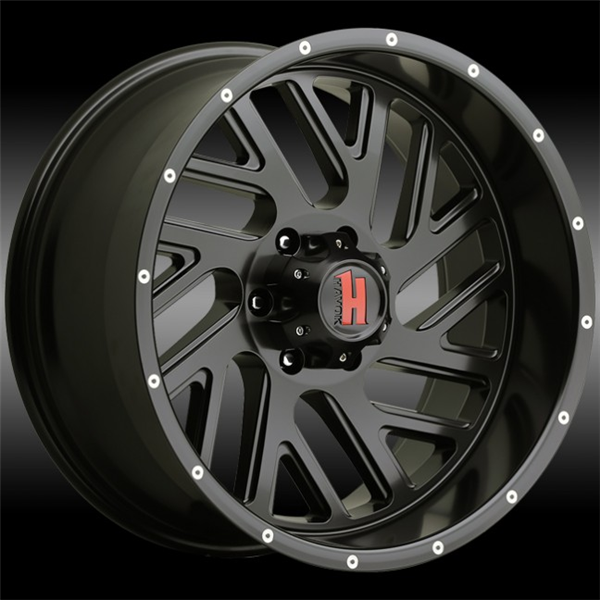 Rugged black alloy wheel with aggressive multi-spoke design and red center cap, ideal for off-road upgrades from Tires On Wheel.