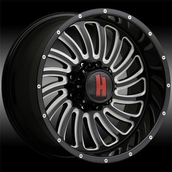 Sturdy black alloy wheel with silver multi-spoke design and red center cap, perfect for off-road enhancements from Tires On Wheel.