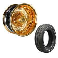 Load image into Gallery viewer, LUXOR 14X7 REV 100 SPOKE STRAIGHT LACE ALL GOLD + 175/70R14 WHITE WALL TIRE SET OF 4