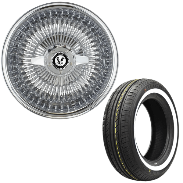 LUXOR 15X8 REV 100 SPOKE STRAIGHT LACE ALL CHROME + 165R15 WHITE WALL