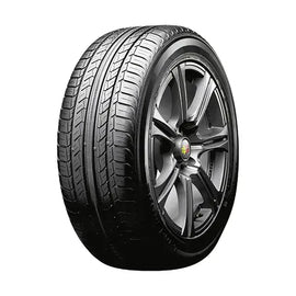 All-season tire with directional tread on black alloy wheel