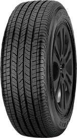 Car tire with black alloy wheel and detailed tread pattern