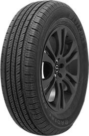 Black radial tire with sleek alloy wheel design, showing tire treads