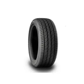 All-season tire with directional tread on black wheel