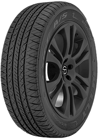 Car tire with black alloy wheel and detailed tread pattern