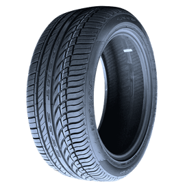 All-season tire with detailed tread pattern on black wheel