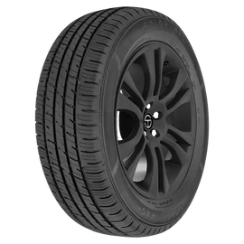 Highperformance car tire with black alloy wheel and detailed tread pattern