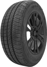 All-season tire with multi-directional tread on black alloy wheel