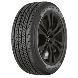 Yokohama AVID Ascend GT tire with black alloy wheel on transparent background