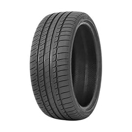 Performance tire with directional tread on black wheel