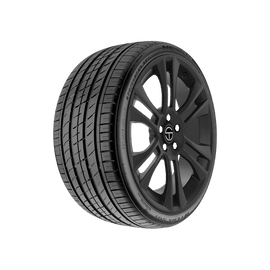 High-performance tire with tread design on black alloy wheel