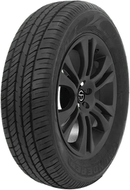 Black car tire with stylish alloy wheel design, featuring detailed tread patterns