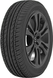 High-performance black radial tire with alloy wheel and directional tread pattern