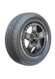 Highperformance car tire with black alloy wheel and detailed tread pattern