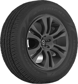 Highperformance car tire with black alloy wheel and detailed tread pattern