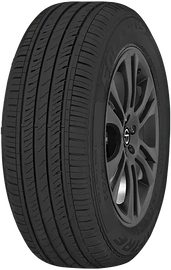 Car tire with black alloy wheel and detailed tread pattern