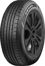 Close-up view of a black tire with a sleek design and 'GR906' inscription on the side