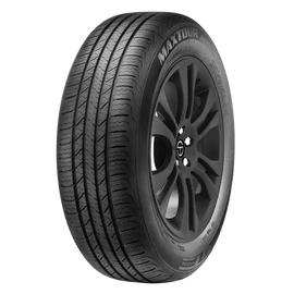 MaxTour tire with black alloy rim, showcasing a sleek tread pattern for enhanced road grip